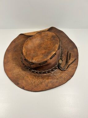 Vintage Leather Cowboy Hat Brown Distressed Western Braided Band Made in Mexico